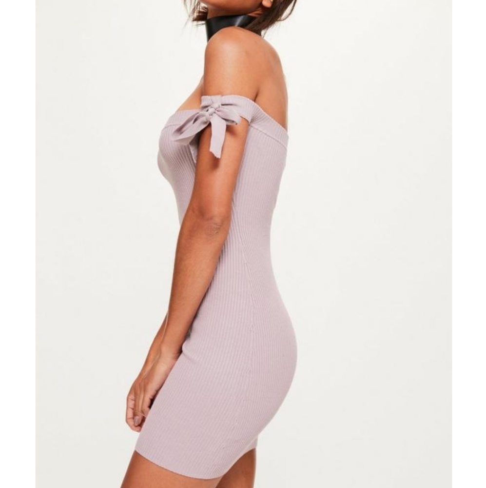 Purple Tie Bardot Ribbed Knitted Mini Dress